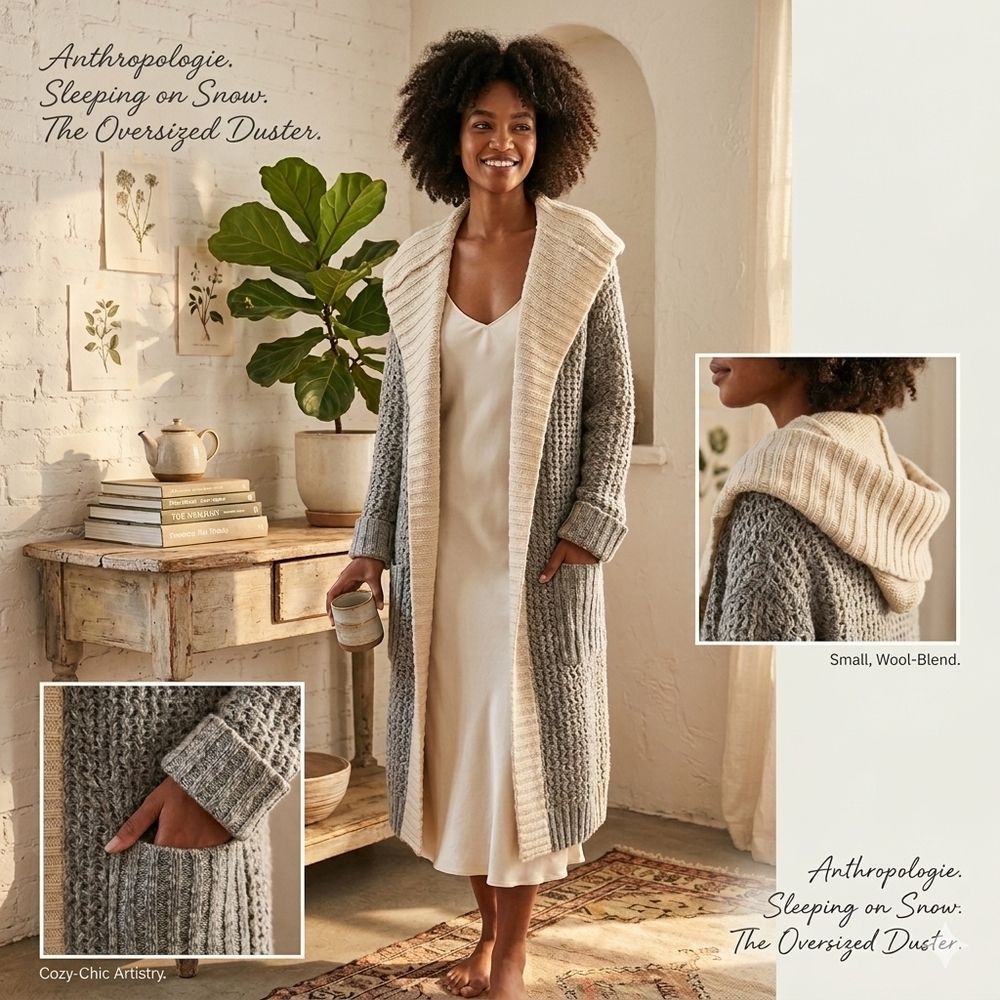 Anthro Sleeping on Snow Hooded Oversized Cardigan S Oatmeal - Picture 2 of 10